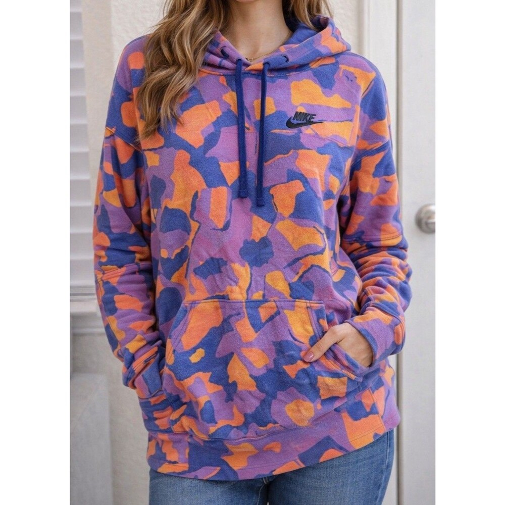 Nike Club Fleece Hoodie Women Small Purple Orange Abstract Camo Pullover Sweatsh